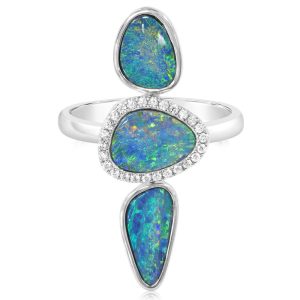 14K White Gold Australian Opal Doublet/Diamond Ring