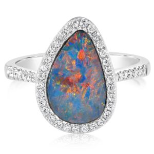 14K White Gold Australian Opal Doublet/Diamond Ring