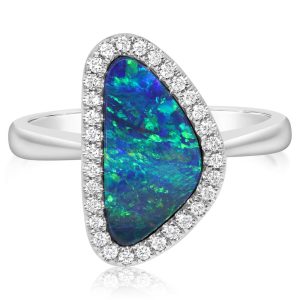 14K White Gold Australian Opal Doublet/Diamond Ring ,