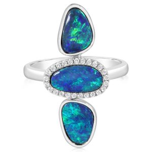 14K White Gold Australian Opal Doublet/Diamond Ring