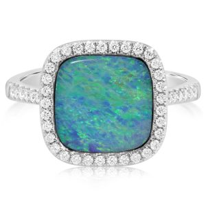 14K White Gold Australian Opal Doublet/Diamond Ring