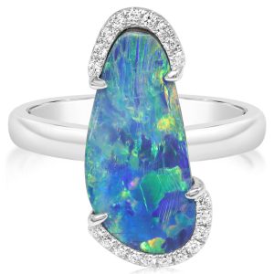 14K White Gold Australian Opal Doublet/Diamond Ring ,