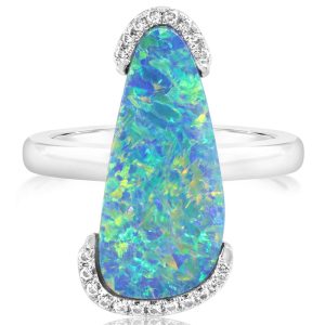 14K White Gold Australian Opal Doublet/Diamond Ring ,