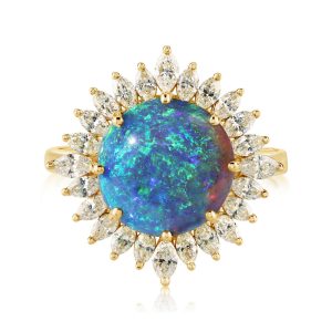 18K Yellow Gold Australian Black Opal/Diamond Sunflower Ring
