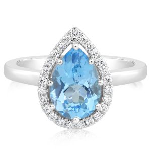 14K White Gold 10x7 Pear Blue Topaz/Diamond Ring