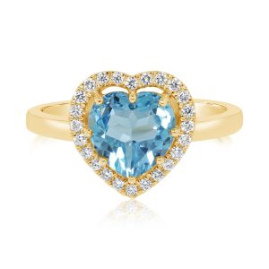 14K Yellow Gold 8mm Heart Blue Topaz/Diamond Ring