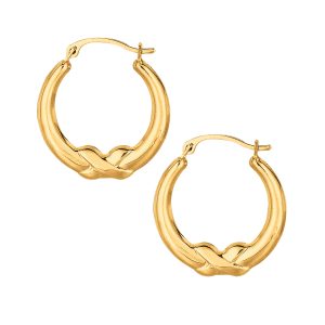 10K Gold Polished X Detail Hoop Earring