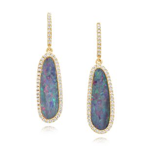 14K Yellow Gold Australian Opal Doublet/Diamond Earrings