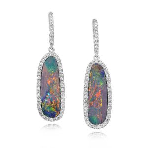 14K White Gold Australian Opal Doublet/Diamond Earrings