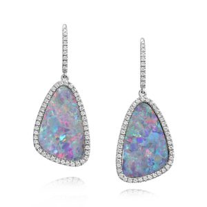 14K White Gold Australian Opal Doublet/Diamond Earrings