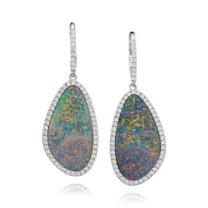 14K White Gold Australian Opal Doublet/Diamond Earrings