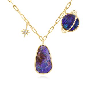 14K Yellow Gold Australian Boulder Opal/Diamond Saturn Neckpiece
