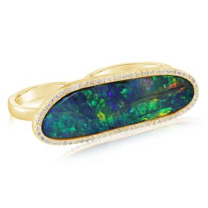 18K Yellow Gold Australian Boulder Opal/Diamond Two Finger Ring