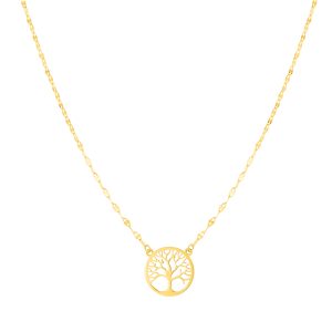 14K Gold Tree of Life on Mirror Chain Necklace