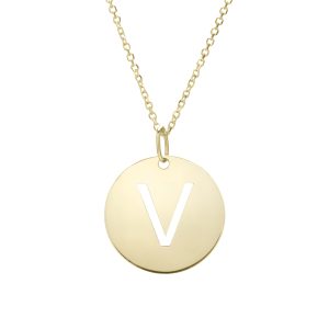 14K Gold Disc Initial V Necklace