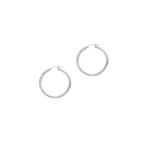 14K White Gold 3mm Diamond Cut & Polished Design Hoop Earring