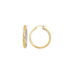 10K Gold Yellow Exterior White Interior Diamond Cut Hoop Earring