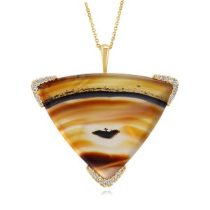 14K Yellow Gold Montana Agate/Diamond Bolo Pendant/Bandana Slide/Bolo Ring