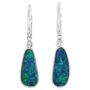 14K White Gold Australian Opal Doublet with Diamond Earrings