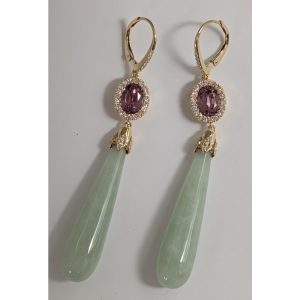 18K Yellow Gold Green Jade/Lotus Garnet/Diamond Earrings