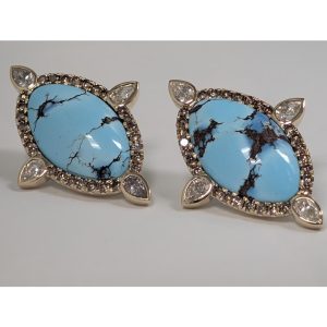 14K Yellow Gold Kazakhstan Turquoise/Diamond Earrings