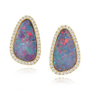 14K Yellow Gold Australian Opal Doublet/Diamond Earrings