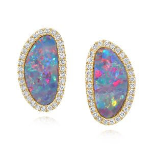14K Yellow Gold Australian Opal Doublet/Diamond Earrings
