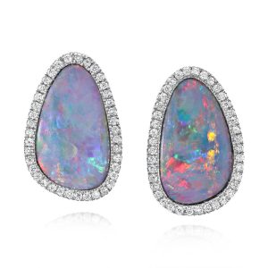 14K White Gold Australian Opal Doublet/Diamond Earrings