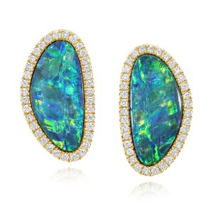 14K Yellow Gold Australian Opal Doublet/Diamond Earrings