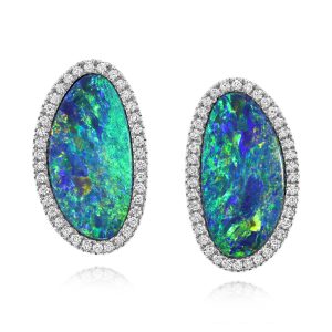 14K White Gold Australian Opal Doublet/Diamond Earrings