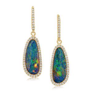 14K Yellow Gold Australian Opal Doublet/Diamond Earrings