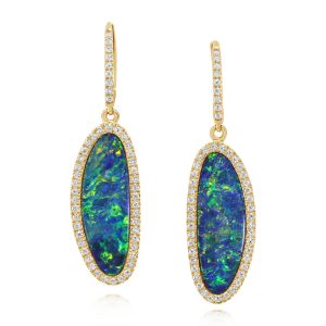 14K Yellow Gold Australian Opal Doublet/Diamond Earrings