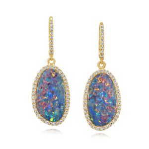 14K Yellow Gold Australian Opal Doublet/Diamond Earrings