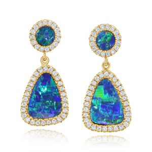 14K Yellow Gold Australian Opal Doublet/Diamond Earrings