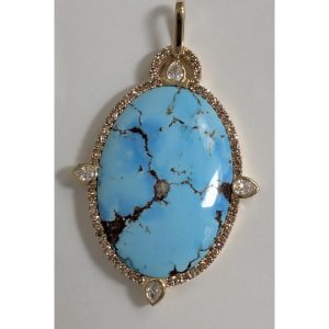 14K Yellow Gold Kazakhstan Turquoise Diamond Pendant