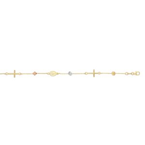 14K Tri-color Gold Polished Cube & Cross Bracelet