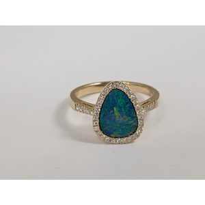 14K Yellow Gold Australian Opal Doublet/Diamond Ring