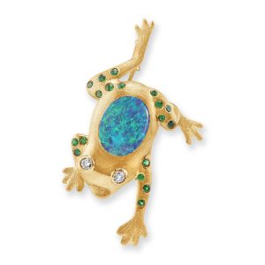 18K Yellow Gold Australian Black Opal/Tsavorite/Diamond Frog Brooch
