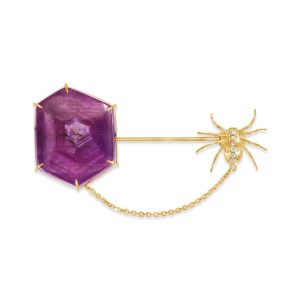 14K Yellow Gold Ruby Slice/Diamond Brooch with Hanging Spider