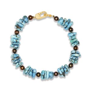 14K Yellow Gold Kazakhstan Turquoise/Cultured Chocolate Pearl Bracelet