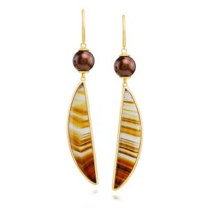 14K Yellow Gold Montana Agate/Chocolate Pearl Earrings