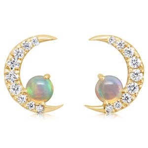 14K Yellow Gold Australian Opal/Diamond Moon Earrings