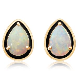 14K Yellow Gold Australian Opal Earrings with Black Enamel