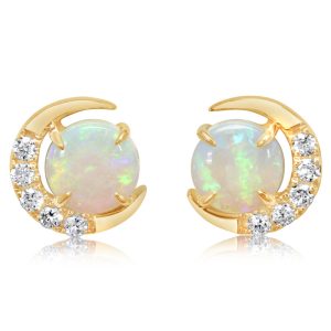 14K Yellow Gold Australian Opal/Diamond Moon Earrings