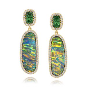 18K Yellow Gold Australian Opal Doublet/Tsvorite/Diamond Earrings