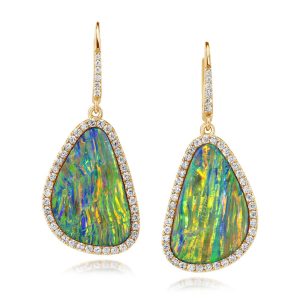 18K Yellow Gold Australian Opal Doublet/Diamond Earrings