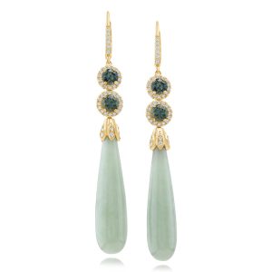 14K Yellow Gold Green Jade/Montana Sapphire/Diamond Earrings