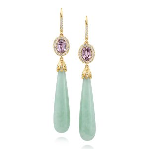 18K Yellow Gold Green Jade/Lotus Garnet/Diamond Earrings