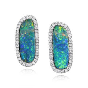 14K White Gold Australian Opal Doublet/Diamond Earrings