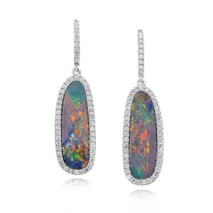 14K White Gold Australian Opal Doublet/Diamond Earrings
